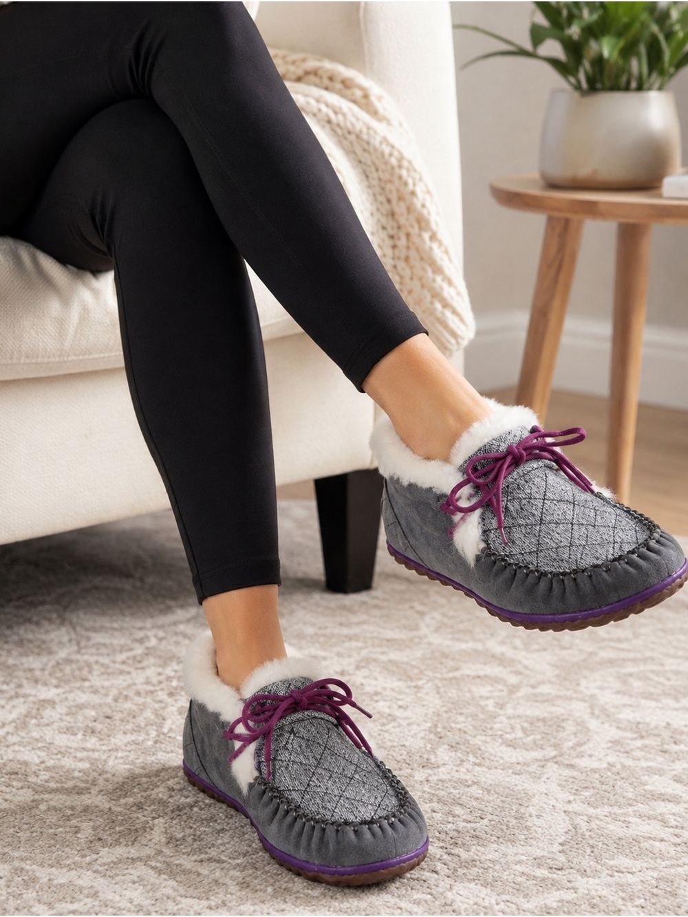 Sorel Gray Quilted Moccasin Slippers with Purple Laces
